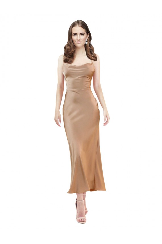 Midi Length Sleeveless Silky Satin Rose Gold Sheath Prom Dress Canada Online