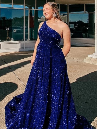 Sweep Train Sleeveless Velvet Sequin Royal Blue A-Line Prom Dress Canada Online