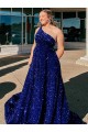 Sweep Train Sleeveless Velvet Sequin Royal Blue A-Line Prom Dress Canada Online