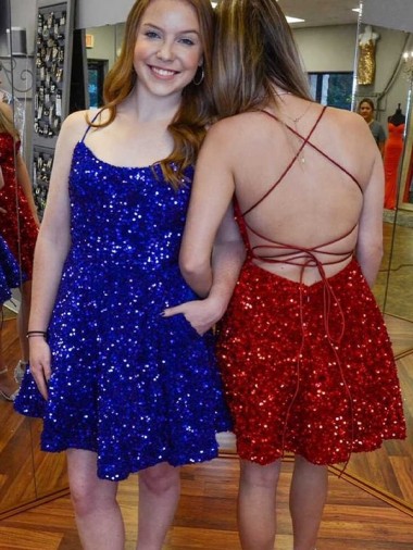 Short Sleeveless Velvet Sequin Royal Blue A-Line Prom Dress Canada Online