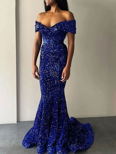 Sweep Train Sleeveless Velvet Sequin Royal Blue Mermaid Off the Shoulder Prom Dress Canada Online