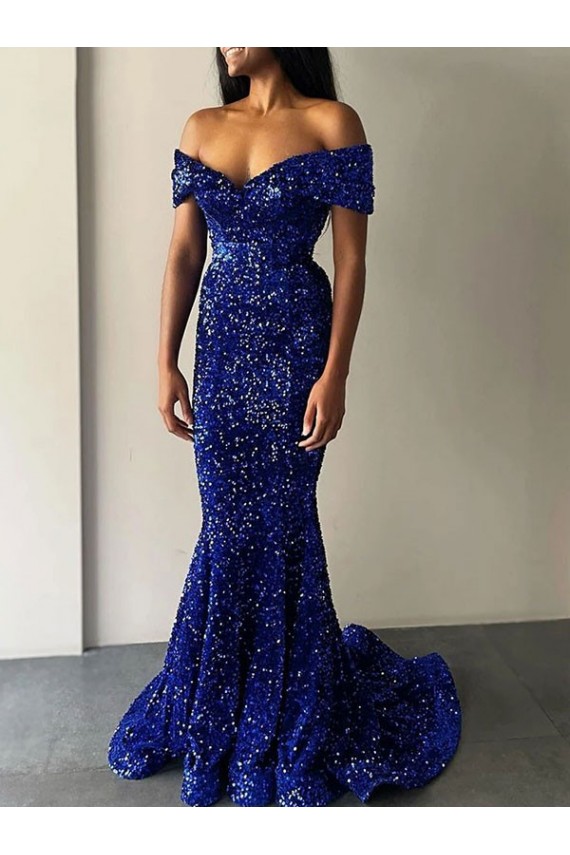 Sweep Train Sleeveless Velvet Sequin Royal Blue Mermaid Off the Shoulder Prom Dress Canada Online