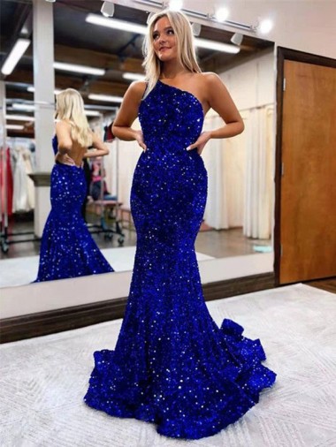 Sweep Train Sleeveless Velvet Sequin Royal Blue Mermaid Prom Dress Canada Online