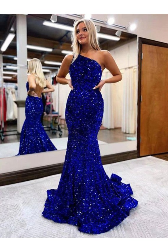 Sweep Train Sleeveless Velvet Sequin Royal Blue Mermaid Prom Dress Canada Online