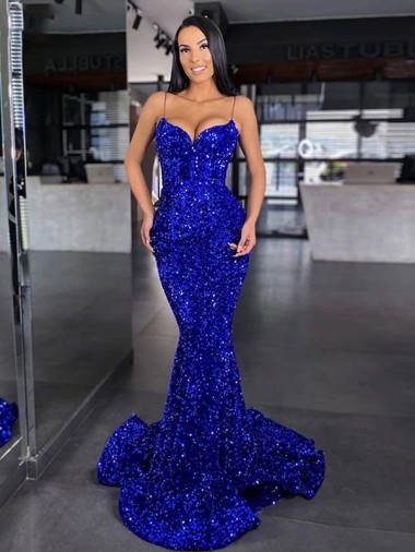 Sweep Train Sleeveless Velvet Sequin Royal Blue Mermaid Spaghetti Straps Prom Dress Canada Online