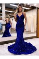 Court Train Sleeveless Velvet Sequin Royal Blue Mermaid V-Neck Prom Dress Canada Online