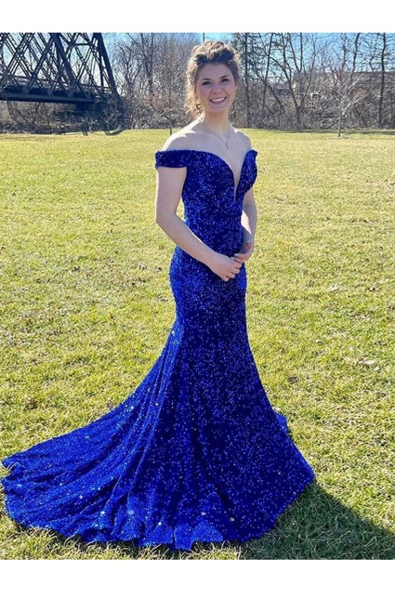Sweep Train Sleeveless Velvet Sequin Royal Blue Sheath Off the Shoulder Prom Dress Canada Online