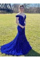 Sweep Train Sleeveless Velvet Sequin Royal Blue Sheath Off the Shoulder Prom Dress Canada Online