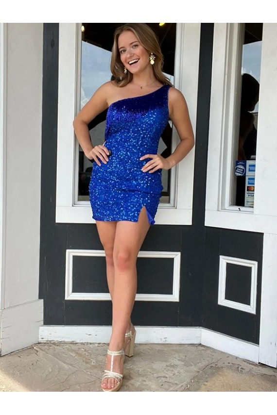 Short Sleeveless Velvet Sequin Royal Blue Sheath Homecoming Dresses Canada Online