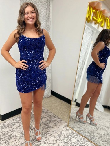 Short Sleeveless Velvet Sequin Royal Blue Sheath Spaghetti Straps Prom Dress Canada Online
