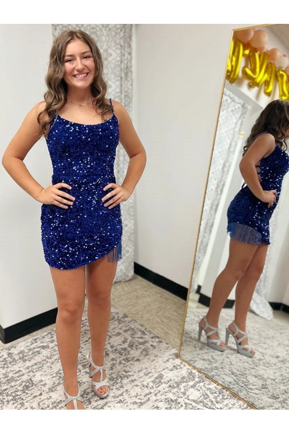 Short Sleeveless Velvet Sequin Royal Blue Sheath Spaghetti Straps Prom Dress Canada Online