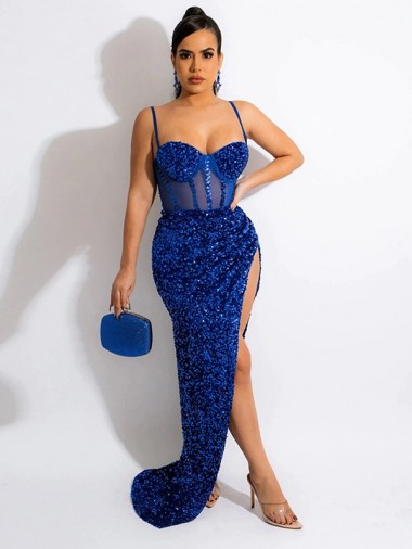 Sweep Train Sleeveless Velvet Sequin Royal Blue Spaghetti Straps Sheath Prom Dress Canada Online