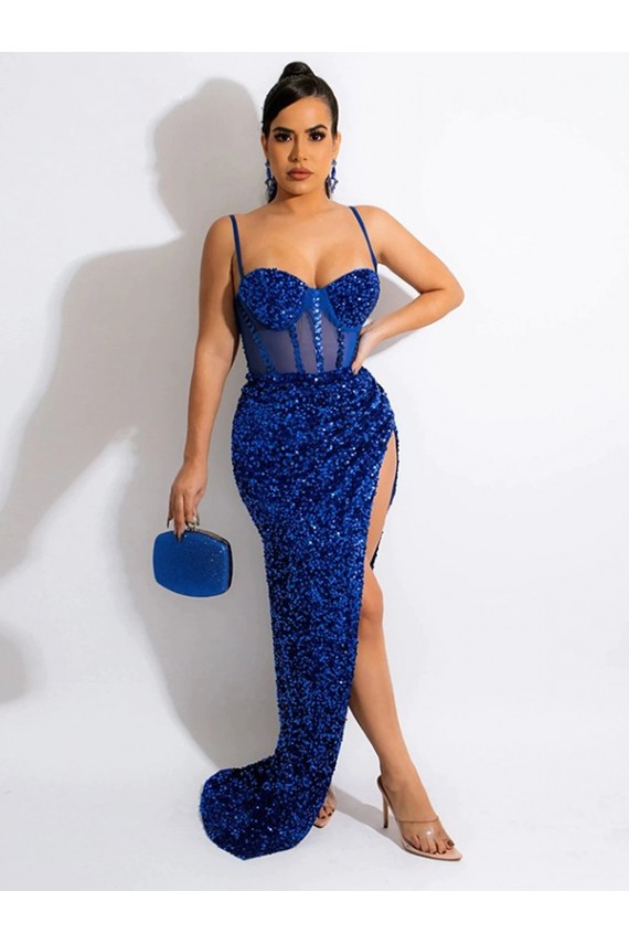 Sweep Train Sleeveless Velvet Sequin Royal Blue Spaghetti Straps Sheath Prom Dress Canada Online