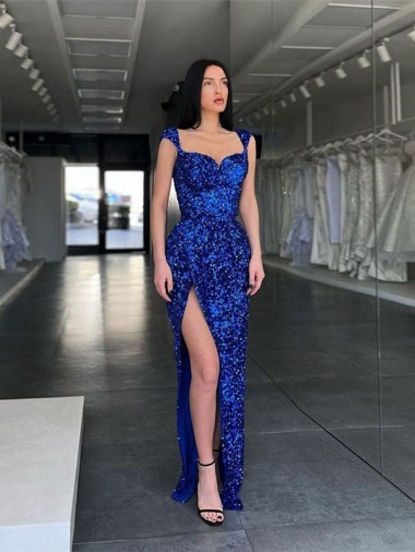 Sweep Train Sleeveless Velvet Sequin Royal Blue Sheath Spaghetti Straps Prom Dress Canada Online