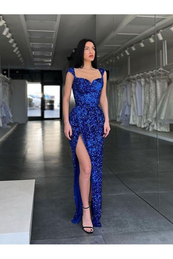 Sweep Train Sleeveless Velvet Sequin Royal Blue Sheath Spaghetti Straps Prom Dress Canada Online