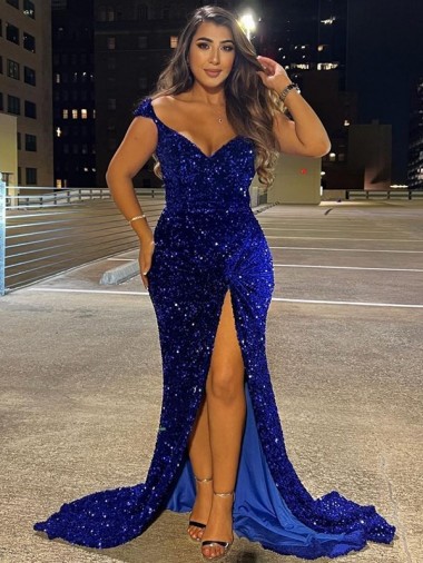 Sweep Train Sleeveless Velvet Sequin Royal Blue Sheath Dress Canada Online