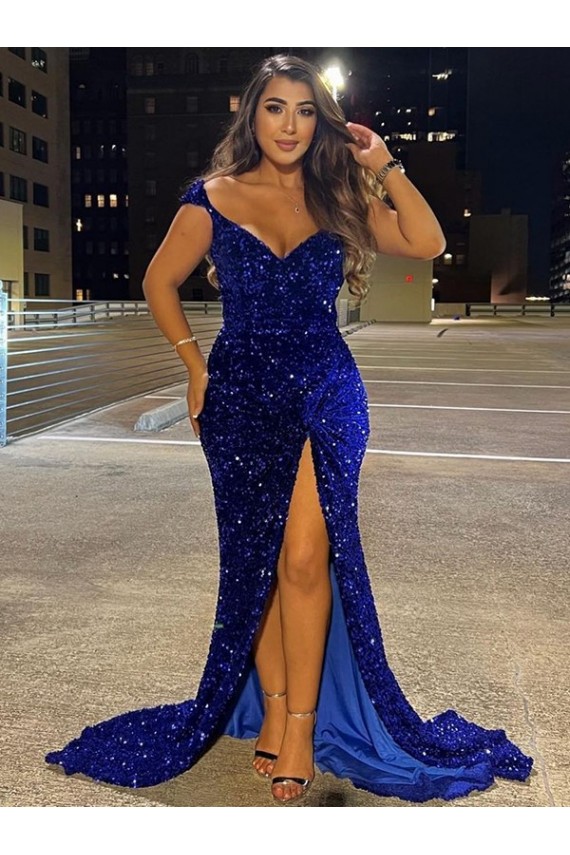 Sweep Train Sleeveless Velvet Sequin Royal Blue Sheath Dress Canada Online
