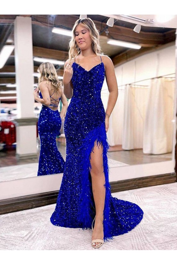 Sweep Train Sleeveless Velvet Sequin Royal Blue Sheath V-Neck Prom Dress Canada Online
