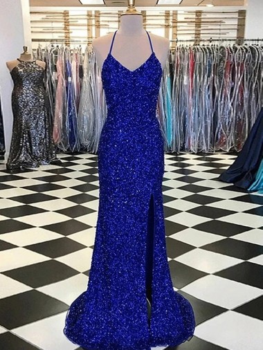 Sweep Train Sleeveless Velvet Sequin Royal Blue Sheath Evening Prom Dress Canada Online