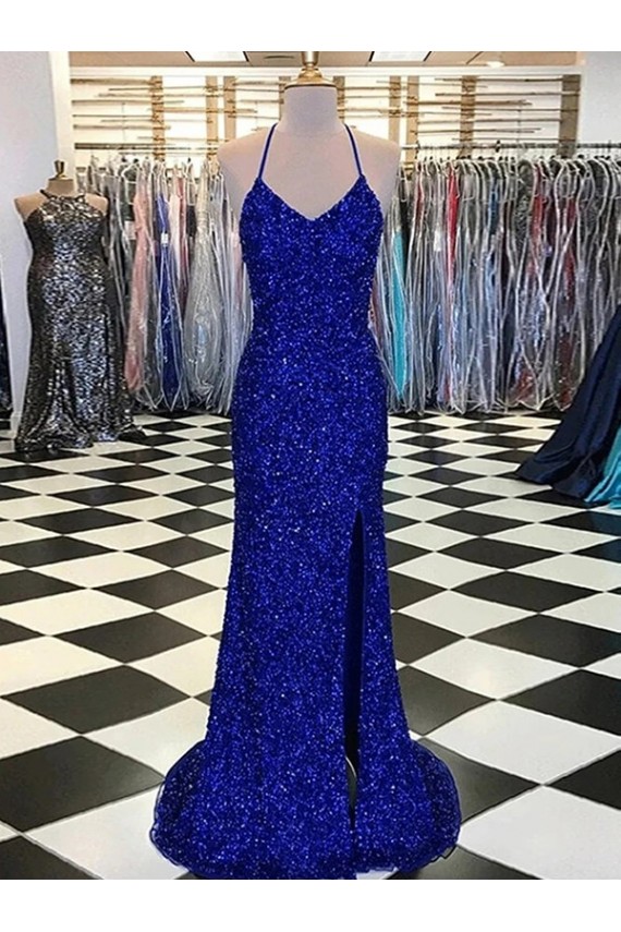 Sweep Train Sleeveless Velvet Sequin Royal Blue Sheath Evening Prom Dress Canada Online