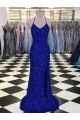 Sweep Train Sleeveless Velvet Sequin Royal Blue Sheath Evening Prom Dress Canada Online