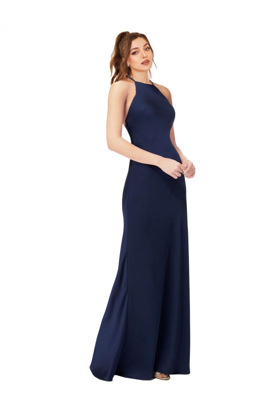 Long Sleeveless Silky Satin Sapphire Sheath Prom Dress Canada Online