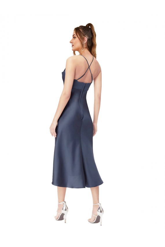 Midi Length Sleeveless Silky Satin Black Sheath High Low Prom Dress Canada Online