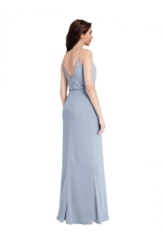 Long Sleeveless Stretch Crepe Smoke Blue Sheath V-Back Prom Dress Canada Online