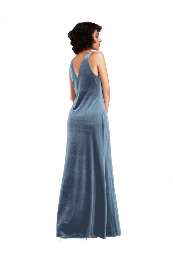 Long Sleeveless Stretch Velvet Dusty Blue Sheath Prom Dress Canada Online
