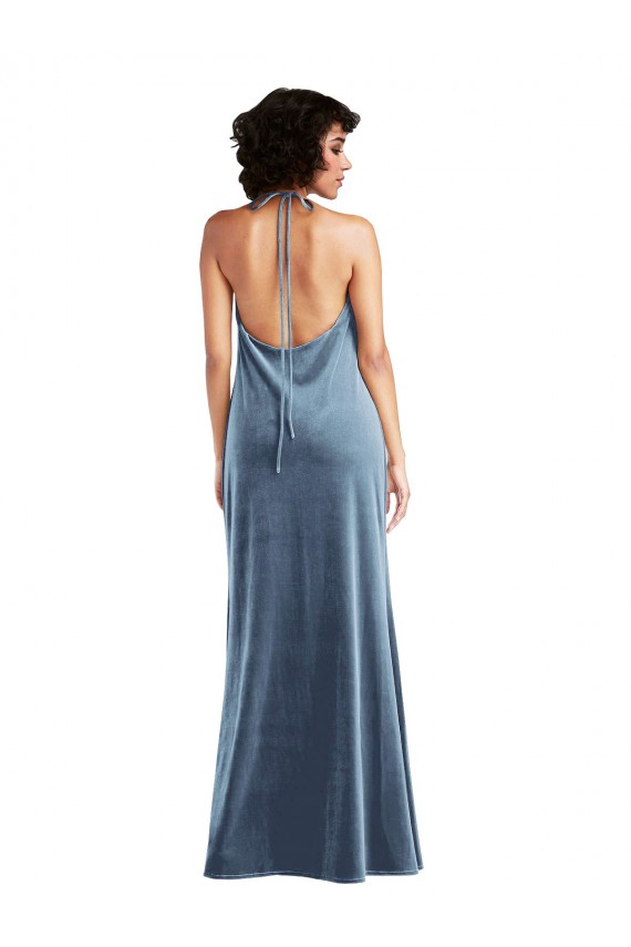 Long Sleeveless Stretch Velvet Dusty Blue Sheath V-Back Prom Dress Canada Online