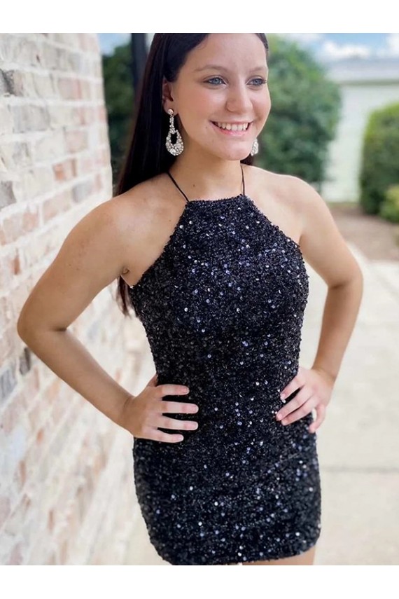 Short Sleeveless Velvet Sequin Black Sheath Prom Dress Canada Online
