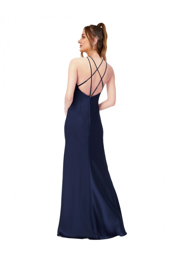 Long Sleeveless Silky Satin Sapphire Sheath Prom Dress Canada Online