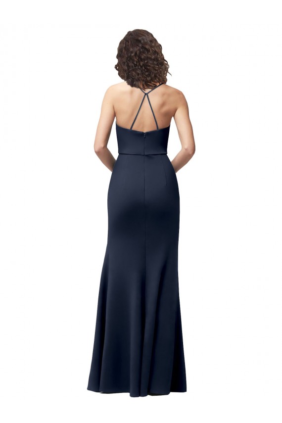 Long Sleeveless Stretch Crepe Dark Navy Spaghetti Straps Sheath Prom Dress Canada Online