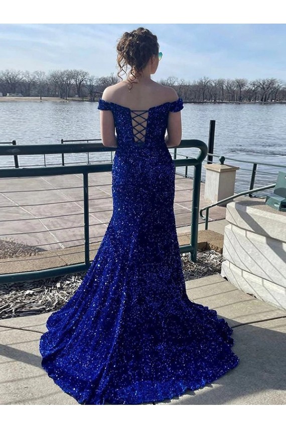 Sweep Train Sleeveless Velvet Sequin Royal Blue Sheath Off the Shoulder Prom Dress Canada Online