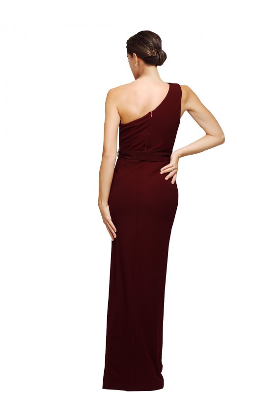 Long Sleeveless Stretch Crepe Burgundy Gold Sheath Black Tie Prom Dress Canada Online