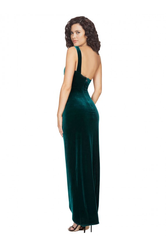 Long Sleeveless Stretch Velvet Dark Green Sheath High Low Prom Dress Canada Online