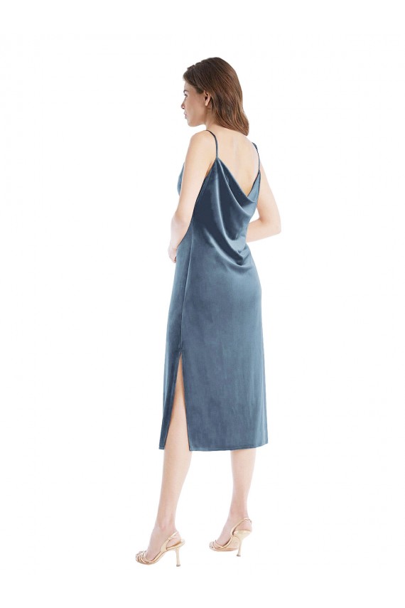 Long Sleeveless Stretch Velvet Dusty Blue Sheath One Shoulder Prom Dress Canada Online