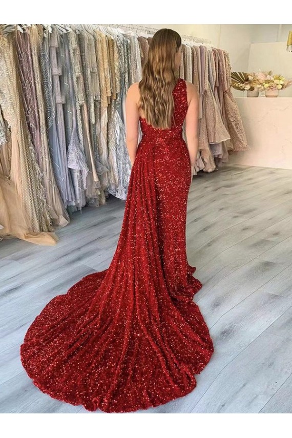 Court Train Sleeveless Velvet Sequin Burgundy Sheath One Shoulder Prom Dress Canada Online
