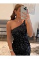 Short Sleeveless Velvet Sequin Black Sheath One Shoulder Prom Dress Canada Online