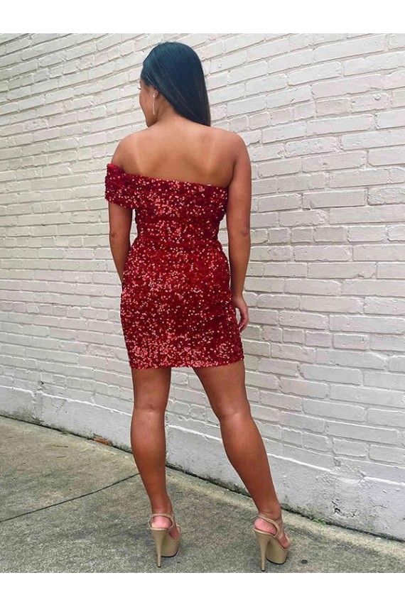 Short Sleeveless Velvet Sequin Burgundy Sheath Evening Prom Dress Canada Online