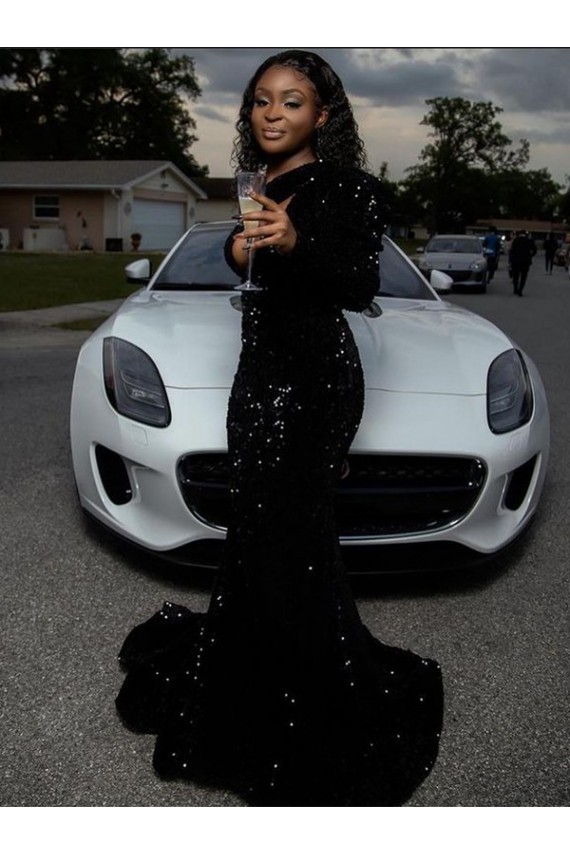 Sweep Train Long Sleeves Velvet Sequin Black One Shoulder Sheath Prom Dress Canada Online