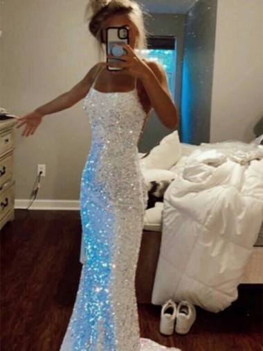 Sweep Train Sleeveless Velvet Sequin Spaghetti Straps Sheath Prom Dress Canada Online