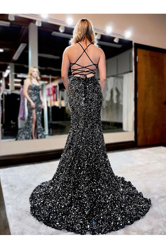 Sweep Train Sleeveless Velvet Sequin Sheath Spaghetti Straps Prom Dress Canada Online