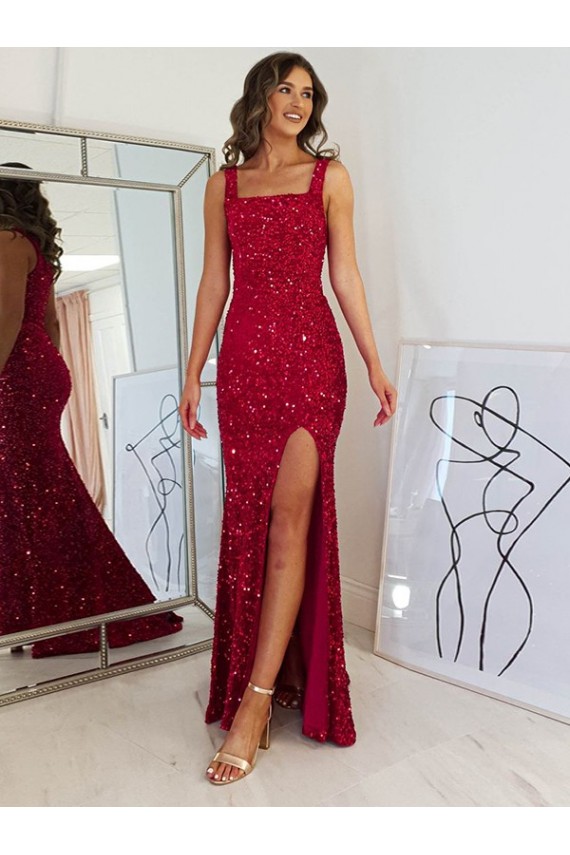 Long Sleeveless Velvet Sequin Burgundy Sheath Prom Dress Canada Online