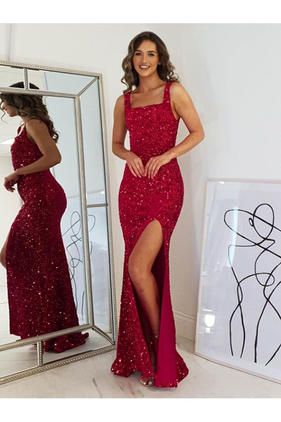 Long Sleeveless Velvet Sequin Burgundy Sheath Prom Dress Canada Online