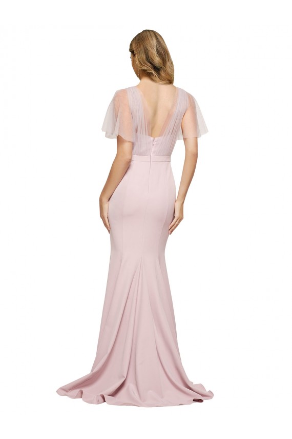 Short Sleeves Long Stretch Crepe & Tulle Mauve Sheath Prom Dress Canada Online