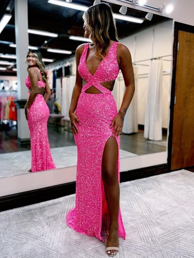 Long Sweep Train Sleeveless Velvet Sequin Sheath Prom Dress Canada Online