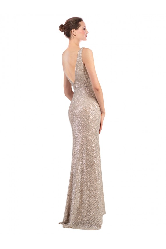Long Sleeveless Sequin & Sparkling Sequin Silver V-Neck Sheath Prom Dress Canada Online