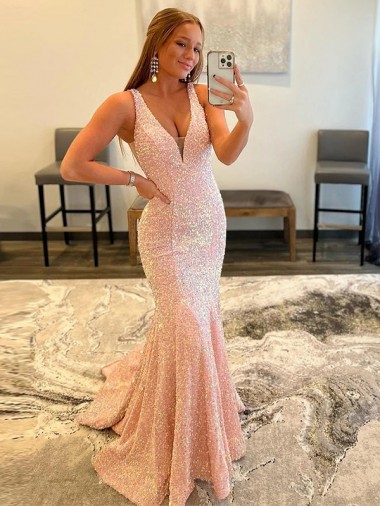Sweep Train Sleeveless Velvet Sequin Sheath V-Neck Prom Dress Canada Online