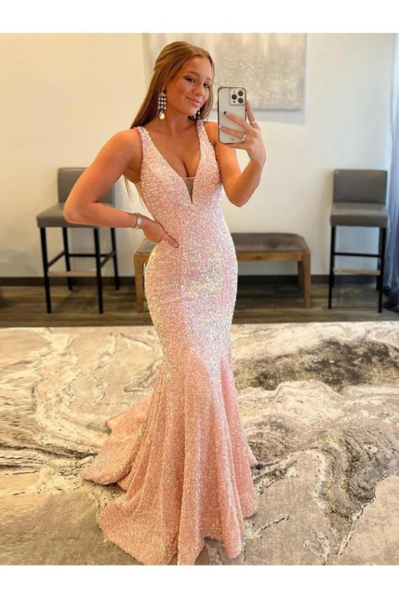 Sweep Train Sleeveless Velvet Sequin Sheath V-Neck Prom Dress Canada Online